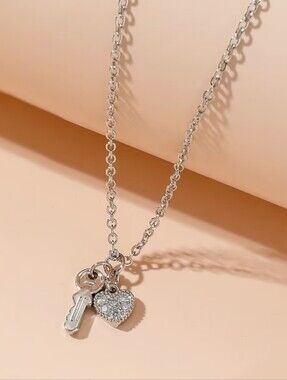 NEW! Minimalist Silver CZ Cubic Zirconia Petite Heart & Key Pendant Necklace